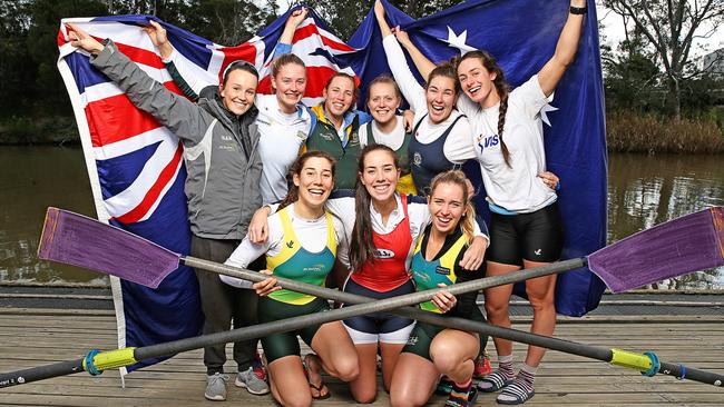 The women's eight rowing team gets ready for Rio: Sarah Banting, Georgina Gotch, Megan Volker, Charlotte Sutherland, Alex Hagan, Jessica Morrison, Fiona Albert, Molly Goodman and Lucy Stephan Picture: Tim Carrafa