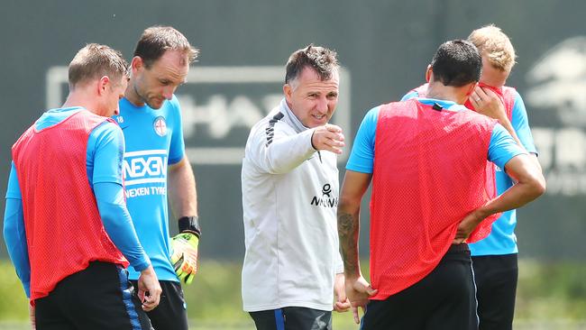 Besieged Melbourne City coach Warren Joyce directs training at City Football Academy, in preparation for tonight’s derby against Melbourne Victory. Picture: Getty Images