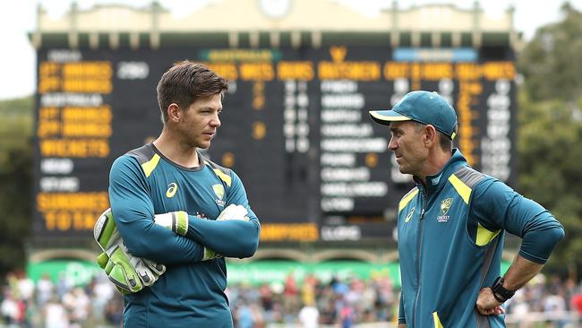 Australia Test captain Tim Paine, left, with head coach Justin Langer. Picture: Getty Images