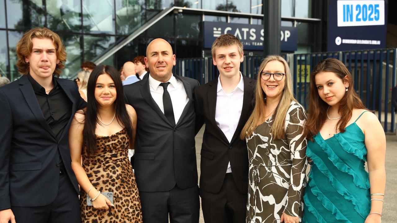 Graduate Jack Inderberg, centre, with siblings Max and Sabrina and parents Karl and Silvana and sister Gabby at the Belmont High School year 12 graduation at GMHBA Stadium. Picture: Alison Wynd