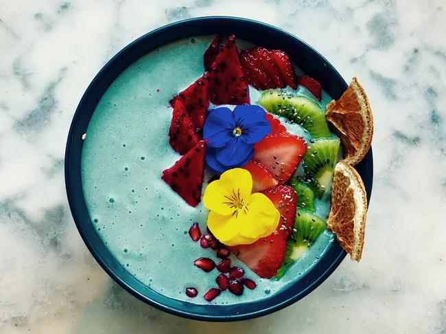 Matcha Mylkbar is set to introduce a series of ‘blue’ dishes to its menu like this ‘Papa smurf’ smoothie bowl. Picture: Matcha Mylkbar