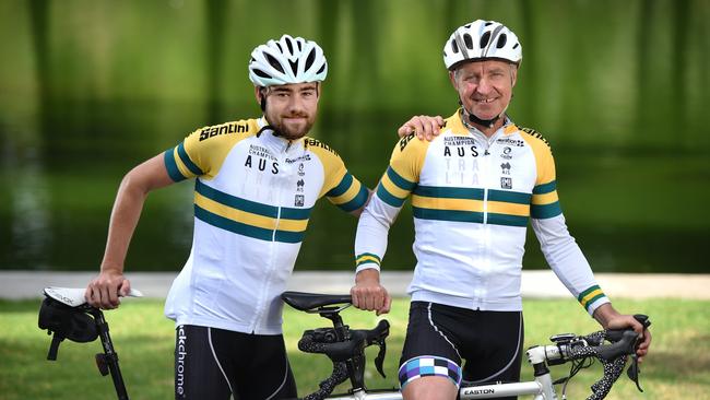 Beau Wootton (left) who is legally blind, recently won the men's tandem national title last weekend in Ballarat. Pictured with Mike Hoile (his pilot rider). Picture: Naomi Jellicoe