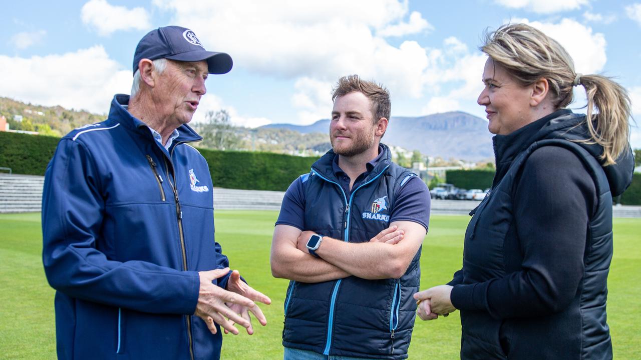 David Johnston and Harry Nichols of South Hobart Sandy Bay cricket club discuss the advantages of the upgrades to Queenborough Oval with Minister Madeleine Ogilvie. Picture: Linda Higginson