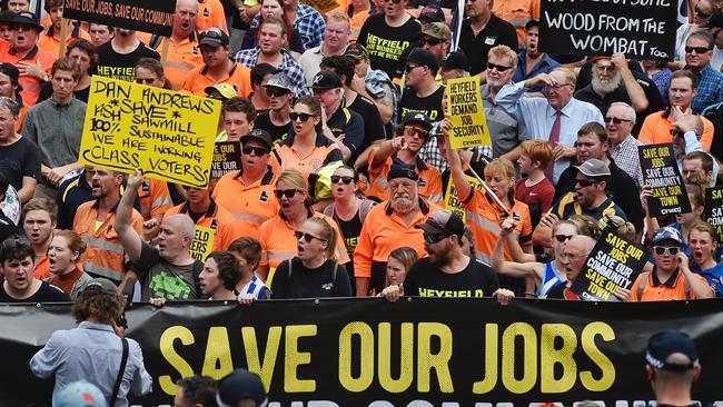 Heyfield mill workers march to Parliament in March. Picture: Jason Edwards