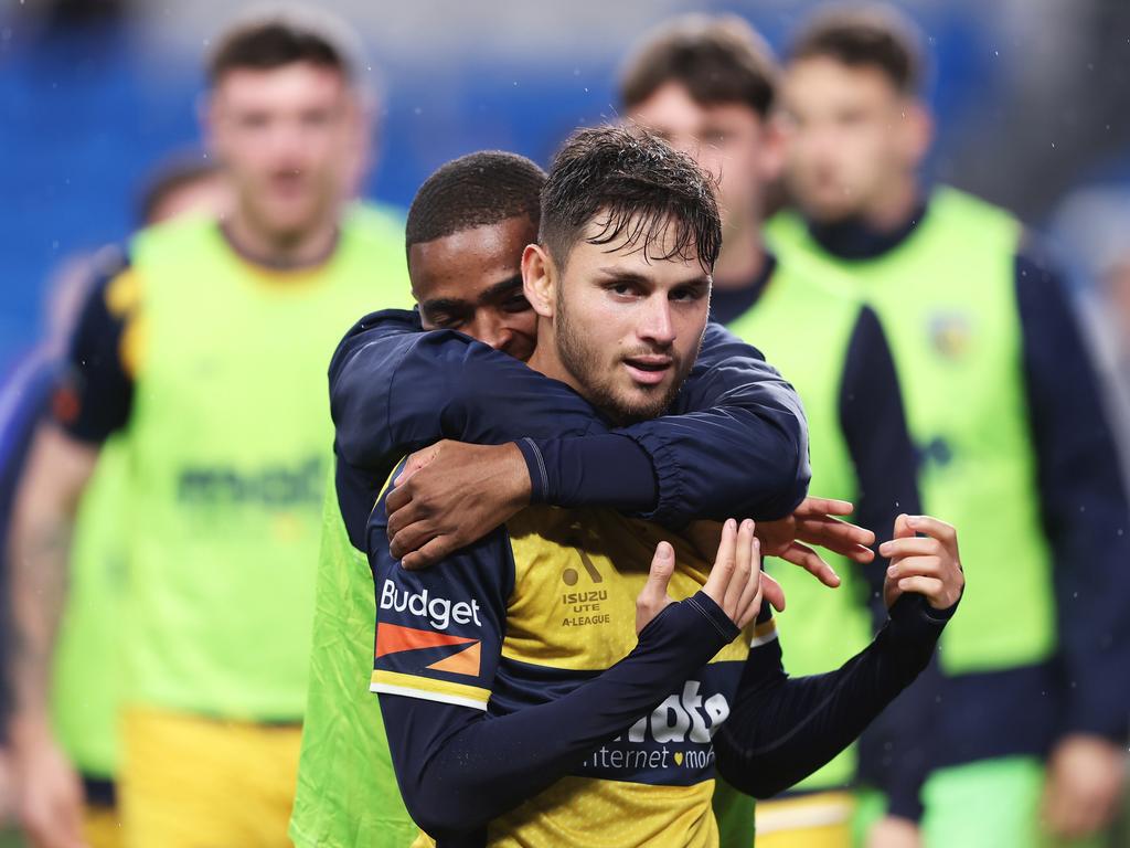 Mikael Doka celebrates his goal in the Mariners’ win against Sydney FC in the first leg of the semi final. Picture: Getty Images