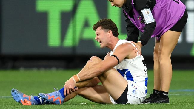 Charlie Comben suffered an horrific leg injury on Saturday night. Picture: Quinn Rooney/Getty Images