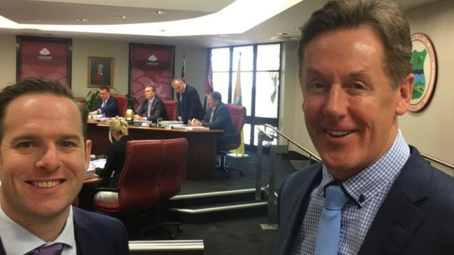 Logan City Council’s Jon Raven with councillor Darren Power, who was a previous mayor, inside chambers in 2019. Picture: Judith Kerr