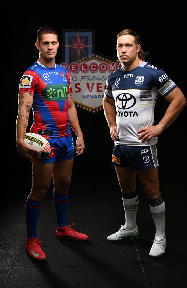 Newcastle Knights captain Kalyn Ponga and North Queensland Cowboys co-captain Reuben Cotter face off ahead of their round one match in Las Vegas next year. PHOTO: NRL