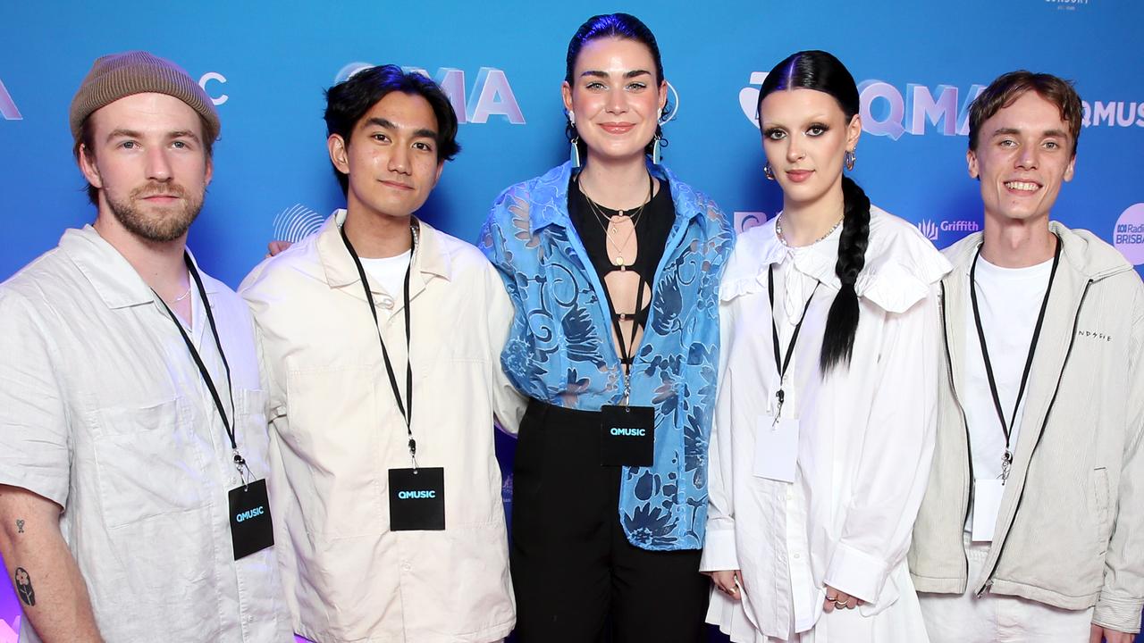 Rob Lee, Aidan Rahman, Felicity van der been, Jess Cameron and Chris Evans on the 2022 Queensland Music Awards red carpet at The Fortitude Music Hall in Brisbane. Picture: Steve Pohlner