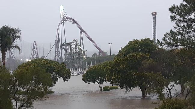 Flooding Movie World earlier this year 2020. Picture: Michelle Hill