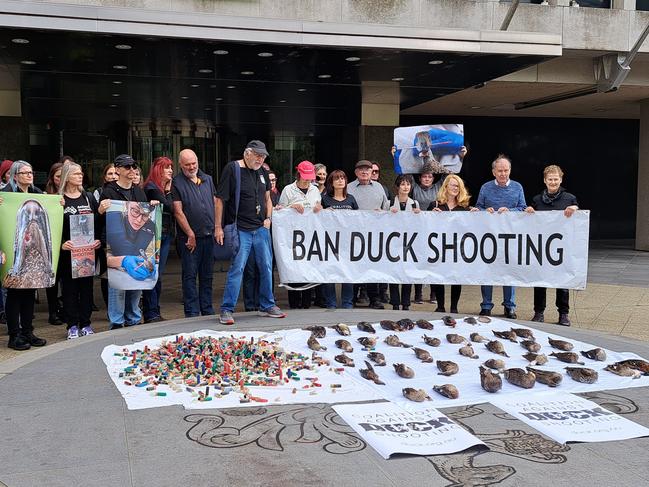 Coalition Against Duck Shooting protesters outside of the Premier's office on Tuesday.