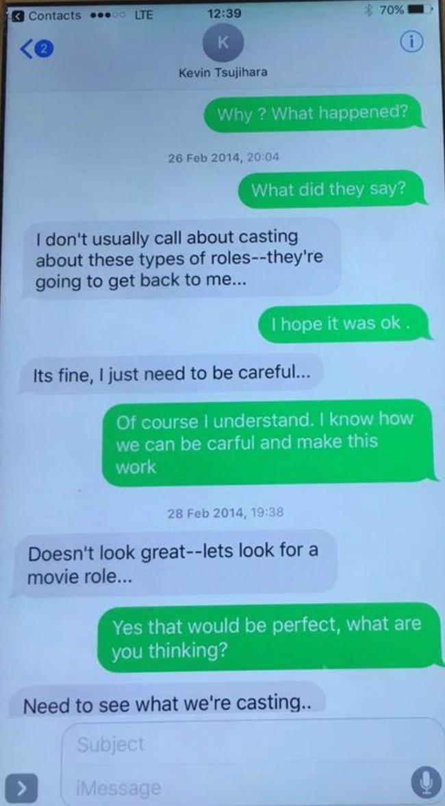 A text message exchange between Charlotte Kirk and Kevin Tsujihara in February 2014. Picture: supplied