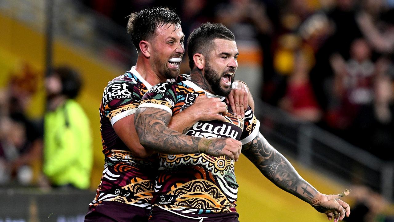 BRISBANE, AUSTRALIA - JUNE 10: Adam Reynolds of the Broncos celebrates after scoring a try during the round 15 NRL match between Brisbane Broncos and Newcastle Knights at Suncorp Stadium on June 10, 2023 in Brisbane, Australia. (Photo by Bradley Kanaris/Getty Images)