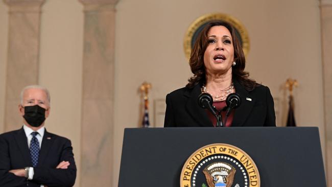 US President Joe Biden listens as Vice-President Kamala Harris speaks at the White House last week. Picture: AFP