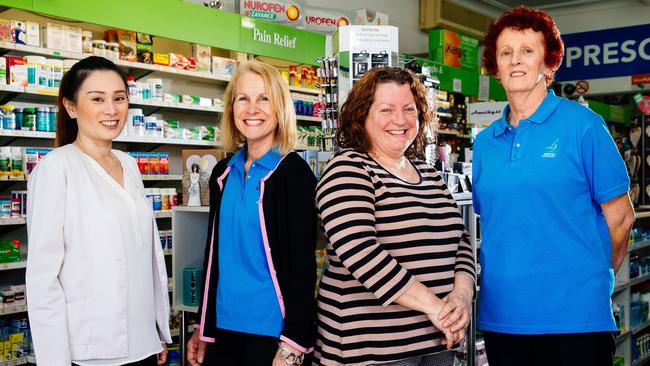 Alicia Gabila (left) is the manager of a Birrong pharmacy who along with three members of staff from left Helen Nicolaou, Suzanne Collinson and Eileen (did not give last name) are being nominated for a pride of Australia award after the four woman fought of a thief who attempted to steal from the pharmacy. Picture: Jonathan Ng