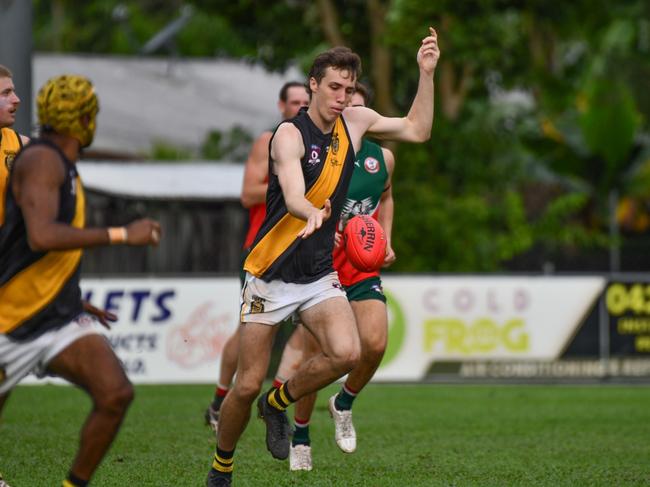 North Cairns Tiger Rory Tarlington against South Cairns Cutters. AFL Cairns 2024. Photo: AFL Cairns Media