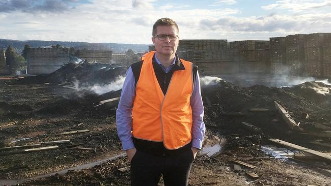 Neville Smith Forest Products chief executive Andrew Walker talking about the devastating fire at the Mowbray site in 2017. Picture: NICHOLAS CLARK