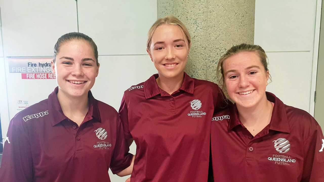 TOP TRIO: Toowoomba futsal players (from left) Maddy Lockwood, Chloe Hutton and Izzy Harris have been named in the Queensland under-17 girls futsal team to contest the FFA National Futsal Championships. Picture: Contributed