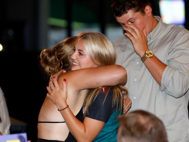 Brooke Barwick is congratulated by loved ones at the AFLW Draft in Melbourne. (Photo by Dylan Burns/AFL Photos via Getty Images)