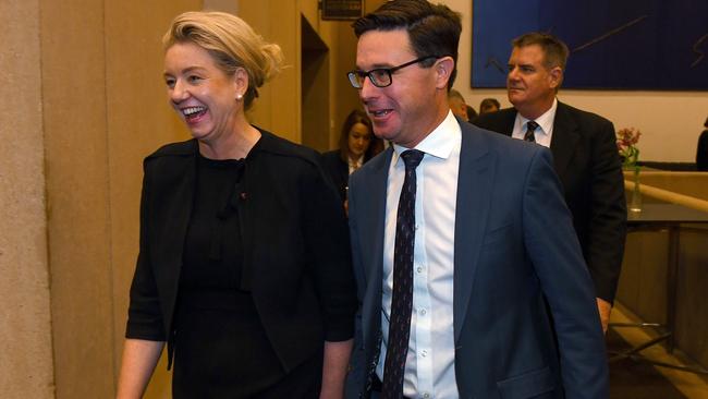 Bridget McKenzie and David Littleproud leave the press conference. Picture; AAP.