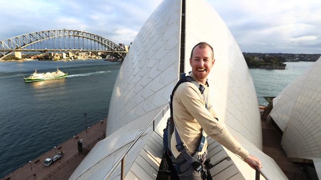 Opera House building operations manager Dean Jakubowski atop the Sydney Opera House. Picture: Hollie Adams