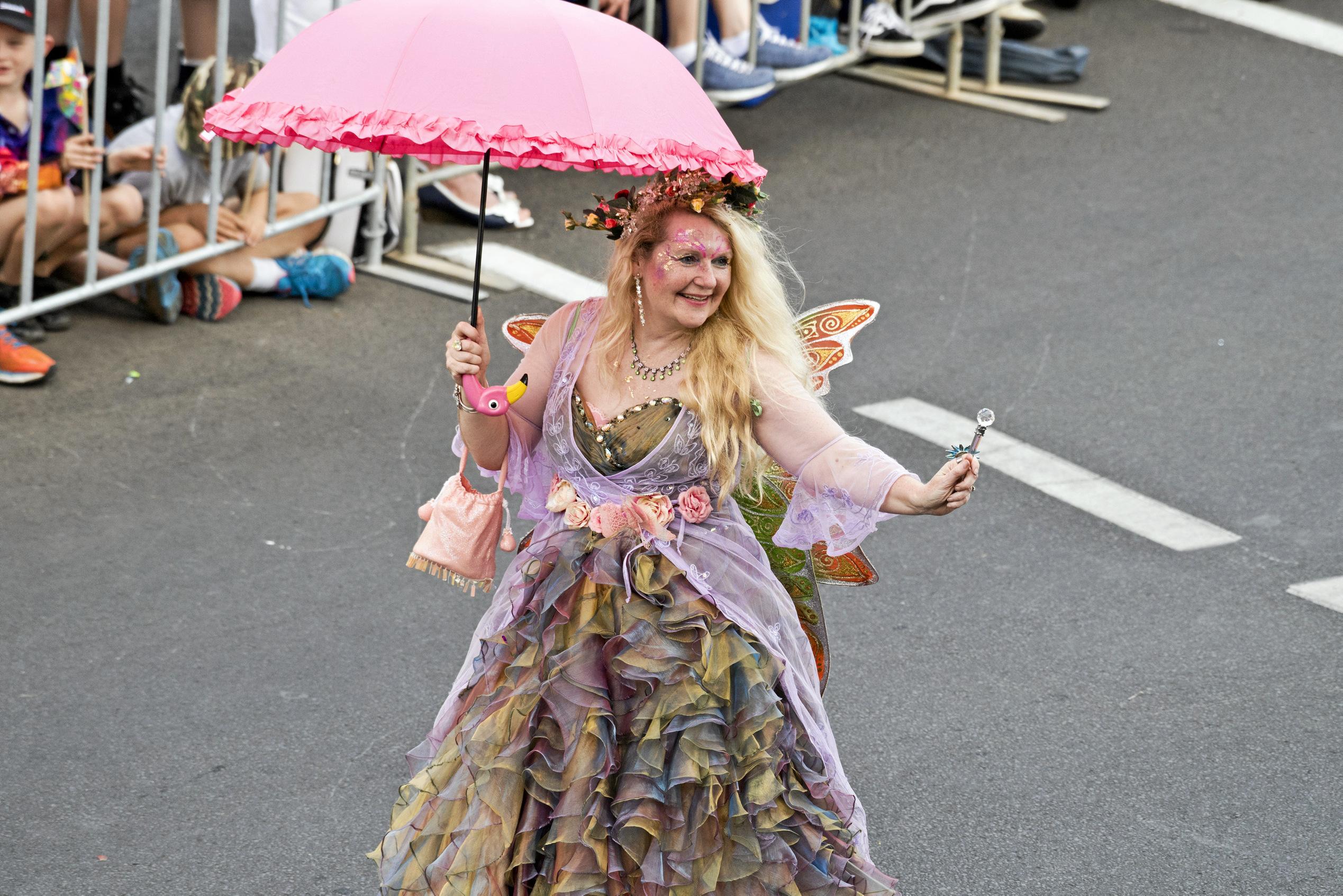 Christine Lanzafame takes part in the Dell Fairies float in the 2019 Grand Central Floral Parade. Saturday, 21st Sep, 2019.