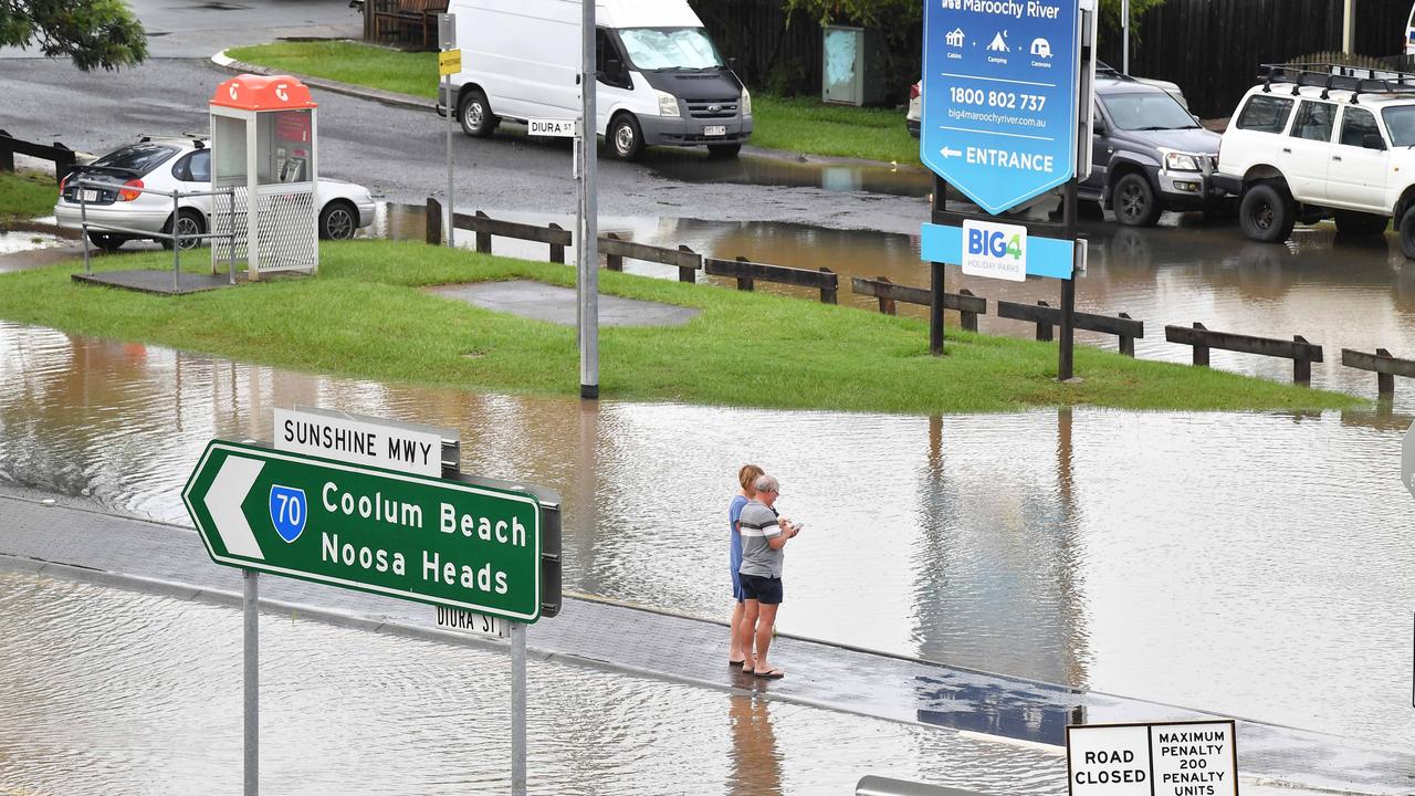 Bradman Ave remains closed as residents prepare for more rain and heavy flooding to hit the Sunshine Coast. Picture: Patrick Woods.