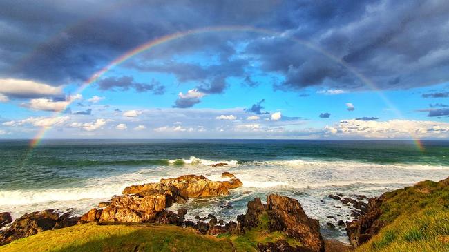 Sunday afternoon rainbows at Boambee Headland by reader Bronwyn Hawkes.