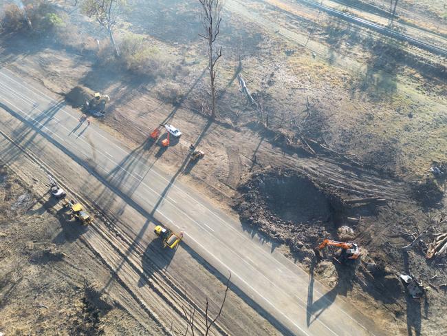 Recovery works taking place on the Bruce Highway where an ammonium nitrate truck exploded near Bororen. Photo - TMR