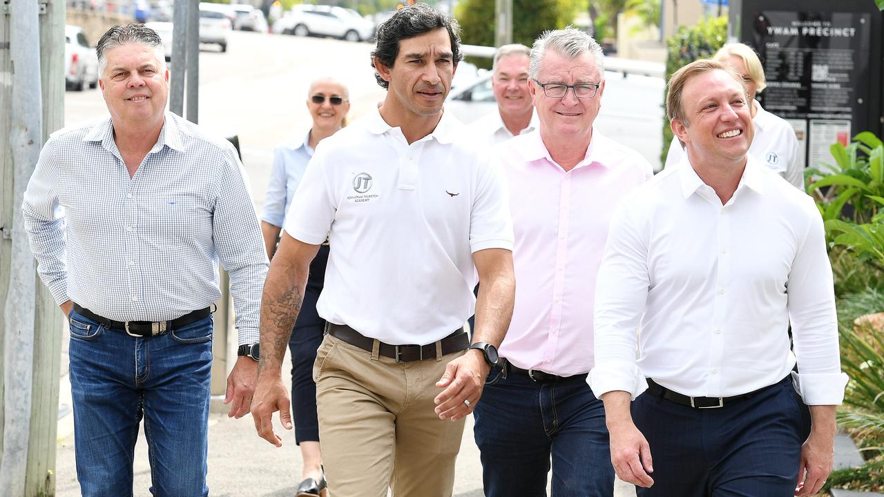 Johnathan Thurston and the Queensland Premier Steven Miles walk together into the JTYouGotThis program announcement along with State MPs Aaron Harper and Les Walker. Picture: Shae Beplate.