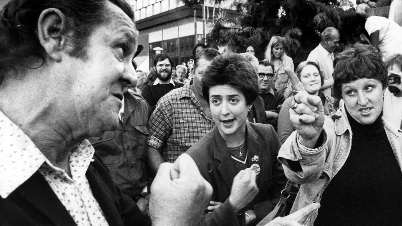 Bystander confronts right-to-march protesters in King George Square in 1978.