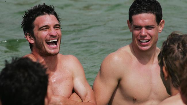 Hearfield (right) at a Jets recovery session at Merewether Baths.