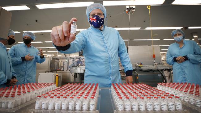 Scott Morrison visits CSL’s AstraZeneca vaccine manufacturing facility in Melbourne in February. Picture: Getty Images