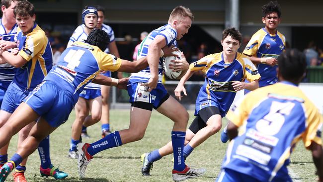 Brothers front rower Brock Salecich breaks the Kangaroos' defensive line in the Cairns and District Junior Rugby League semi final match between Brothers and Kangaroos, held at Jones Park, Westcourt. PICTURE: BRENDAN RADKE