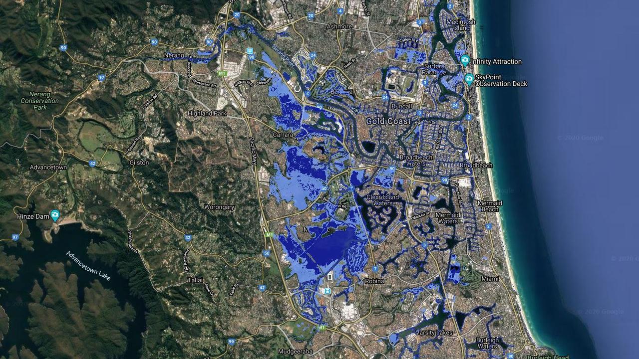 Modelling of sea level rises on the Gold Coast. Dark blue is current day, light blue is the scenario in 2100. Picture: Coastal Risk Australia