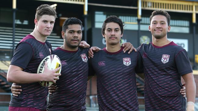 Mitchell Dunn, Bacho Salam, Enari Tuala and Gehamat Shibasaki before playing for the QLD U-18 team in 2015. Picture: Peter Wallis