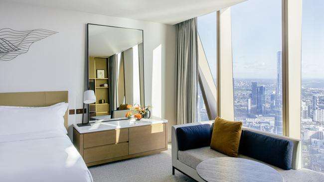 Guestrooms offer impressive city panoramas.