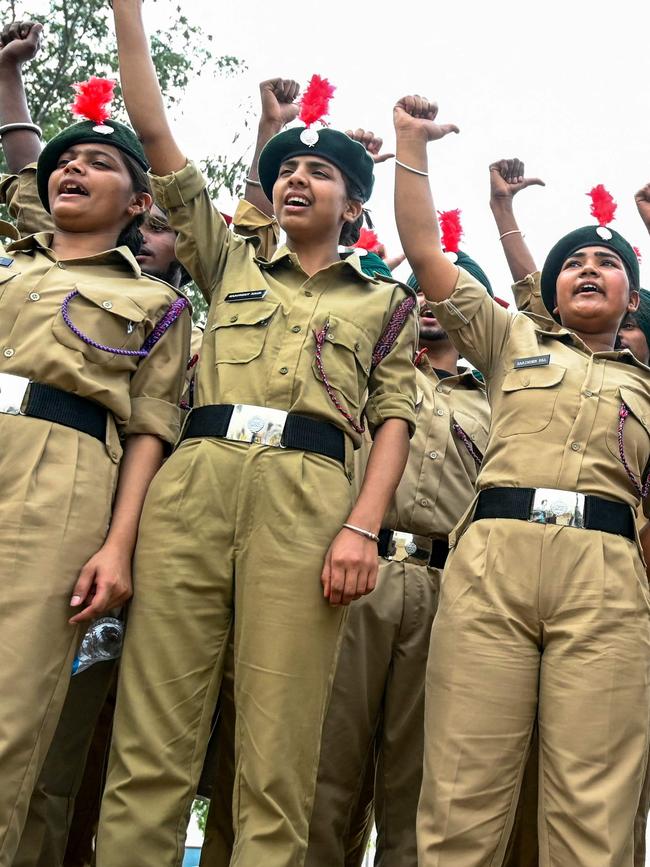 National Cadet Corps (NCC) cadets shout slogans after conducting an emergency simulation drill as part of the nationwide civil defence mock drills in Amritsar, Pakistan. Picture: Narinder Nanu / AFP