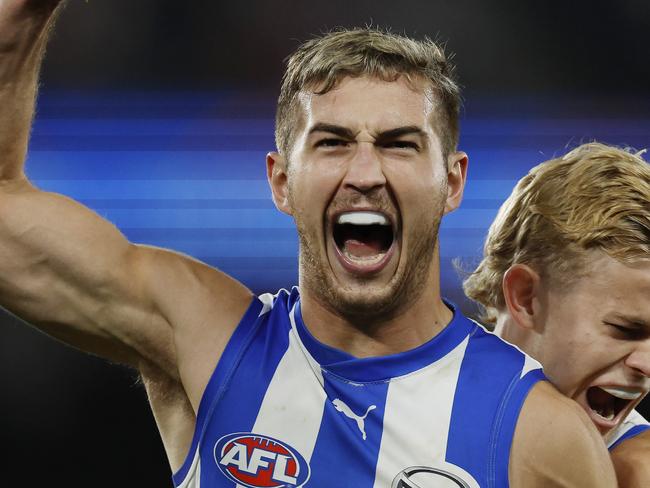 MELBOURNE, AUSTRALIAÃ June 16, 2024.  AFL Round 14. North Melbourne vs Collingwood at Marvel Stadium.   Will Phillips of the Kangaroos celebrates a 3rd quarter goal with Jackson Archer       . Pic: Michael Klein