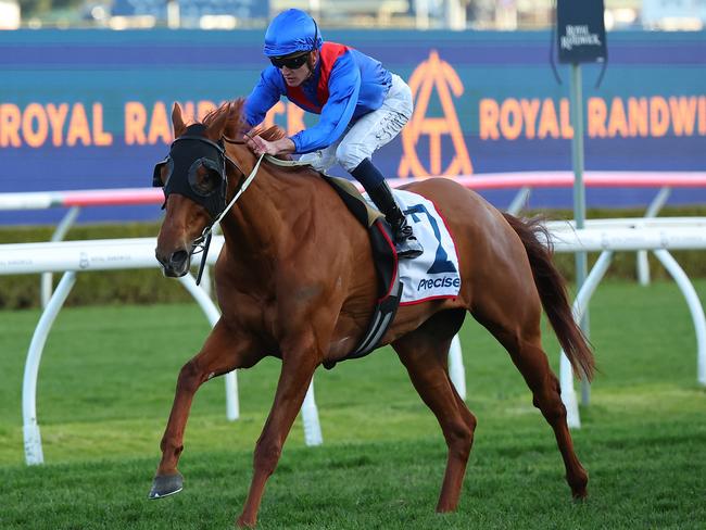 SYDNEY, AUSTRALIA - AUGUST 10: Chad Schofield riding Golden Path wins Race 9 Precise Air Premier's Cup Prelude during Sydney Racing at Royal Randwick Racecourse on August 10, 2024 in Sydney, Australia. (Photo by Jeremy Ng/Getty Images)