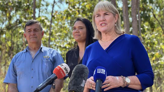 Halkitis Brothers Group director Nick Halkitis, Holtze Land Company director Jessie Risk, and Chief Minister Eva Lawler announcing the tender to develop the Greater Holtze area. Picture: Fia Walsh.