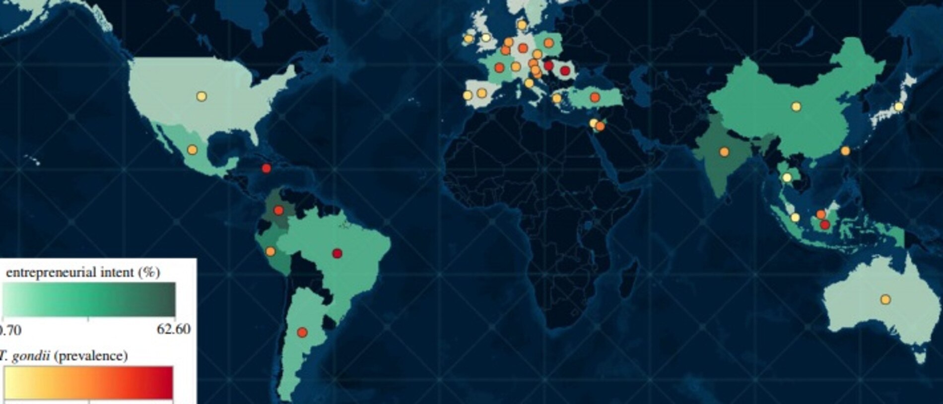 This heat map shows where there are more entrepreneurs. The colour of the country reflects the fraction of surveyed respondents with intentions to start their own business (from light blue to dark blue), while the colour of the superimposed circle reflects the magnitude of infection (from light yellow to dark red). Picture: Proceedings of the Royal Society B