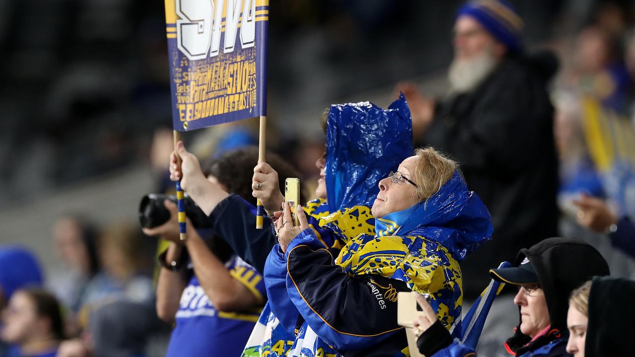 SYDNEY, AUSTRALIA - AUGUST 14:  Eels fans show their support during the round 14 NRL match between the Parramatta Eels and the St George Illawarra Dragons at Bankwest Stadium on August 14, 2020 in Sydney, Australia. (Photo by Mark Kolbe/Getty Images)