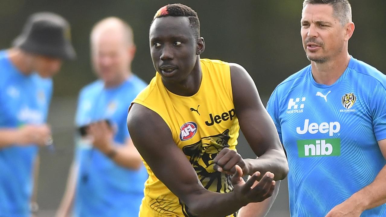 GOLD COAST, AUSTRALIA - SEPTEMBER 09: Mabior Chol during a Richmond Tigers AFL training session at Metricon Stadium on September 09, 2020 in Gold Coast, Australia. (Photo by Matt Roberts/Getty Images)