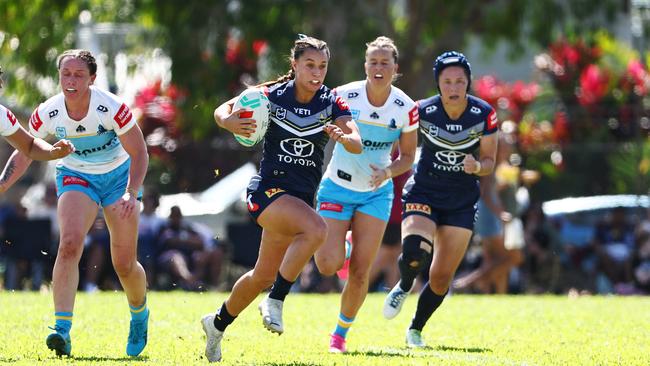 Krystal Blackwell breaks through the Gold Coast Titans’ defensive line during an NRLW pre-season match held at Alley Park, Gordonvale earlier this year. Picture: Brendan Radke