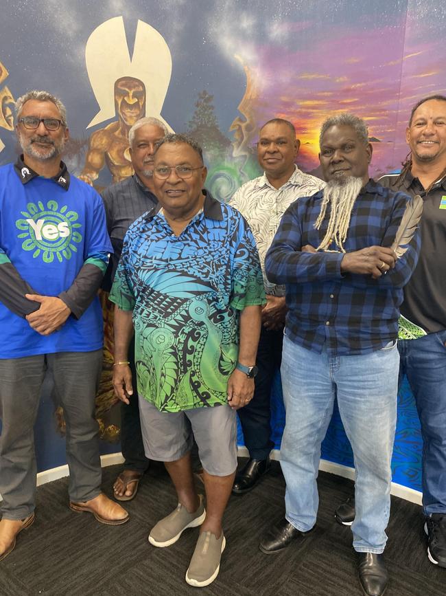 Pedro Stephen, Chair of the Torres Strait Regional Authority, with representatives of other Torres Strait organisations backing the Indigenous voice to parliament.