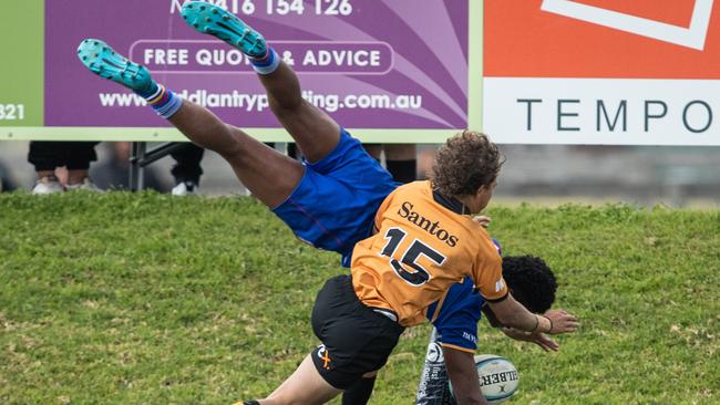 23/07/23. News Local. Sport.Maitland, NSW, Australia.Action from the NSW Rugby Union Sydney V Country matches at Marcellin Park in Maitland.Pictures from the Under 15 Boys Steve Tuynman Cup Game.SydneyÃs Samuela Sorovi acrobatic attempt to score (not a try in the end).Picture: Julian Andrews