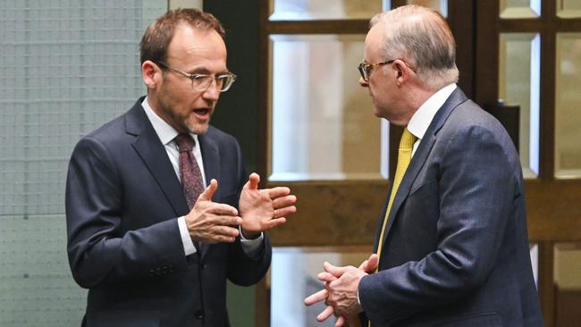 Greens leader Adam Bandt speaks to Prime Minister Anthony Albanese during Question Time. Picture: NCA NewsWire/Martin Ollman