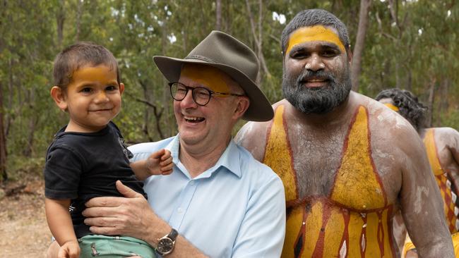 Anthony Albanese shares a laugh with a new young friend at the Garma Festival at Gulkula, East Arnhem on Friday. Picture: Getty Images