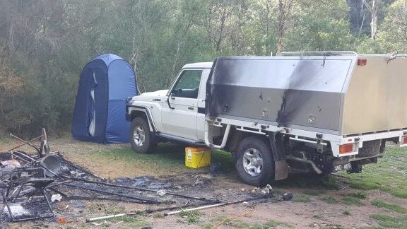 Russell Hill and Carol Clay’s burnt-out campsite in the Wonnangatta Valley. Picture: ABC